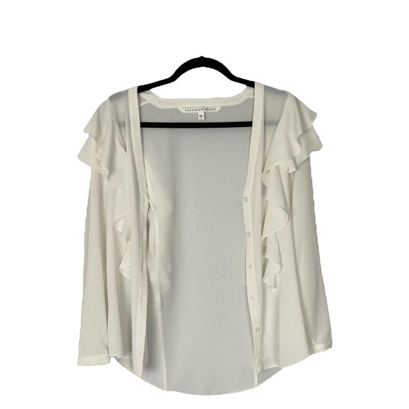 Veronica Beard Off-White Ruffle Shoulder Button-Front V-Neck Blouse Size 6 - Picture 5 of 14